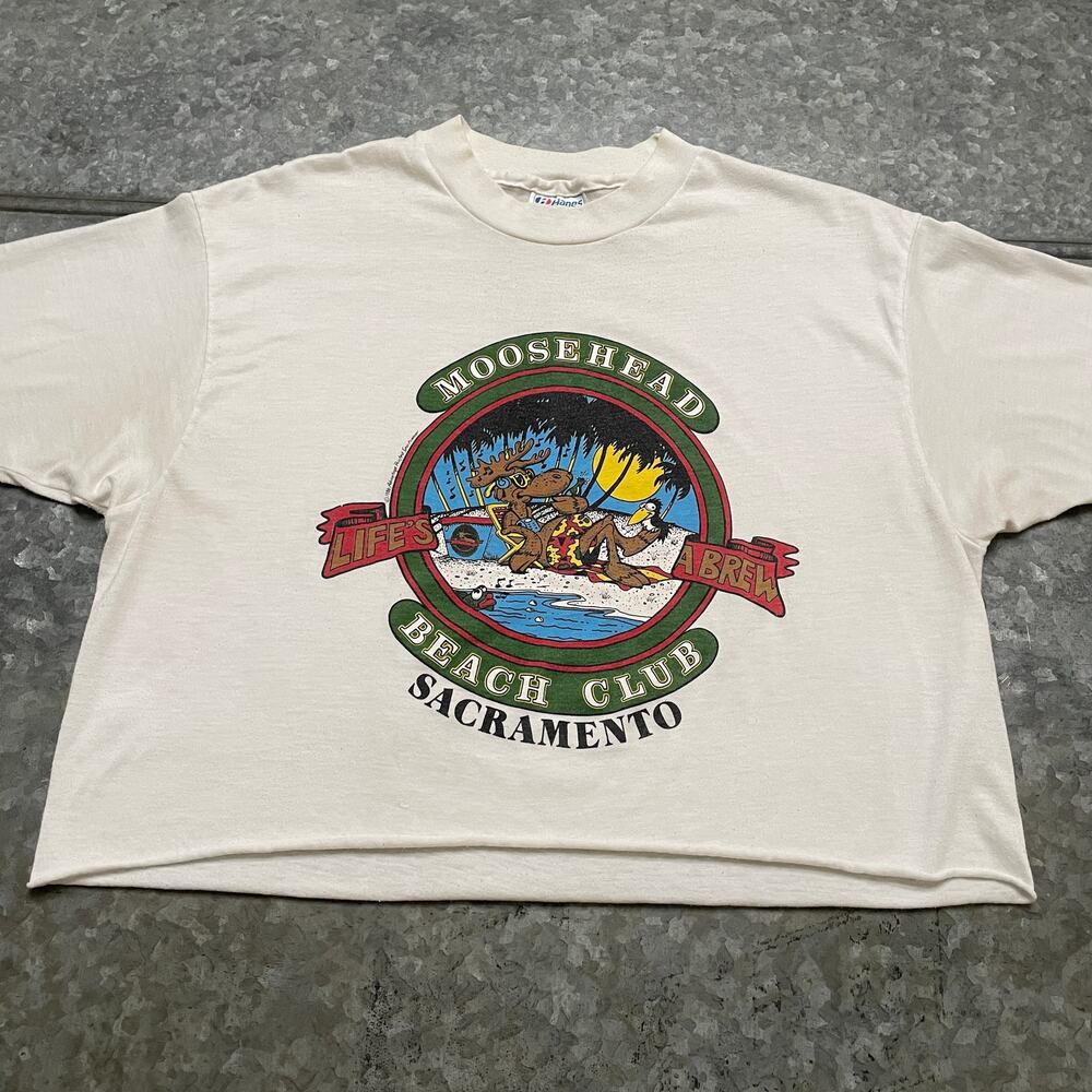 Vintage Moosehead Beach Club Cropped Shirt Medium Beer Brewery 90s Sacramento